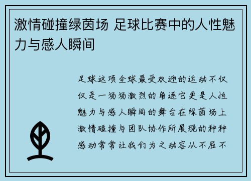 激情碰撞绿茵场 足球比赛中的人性魅力与感人瞬间